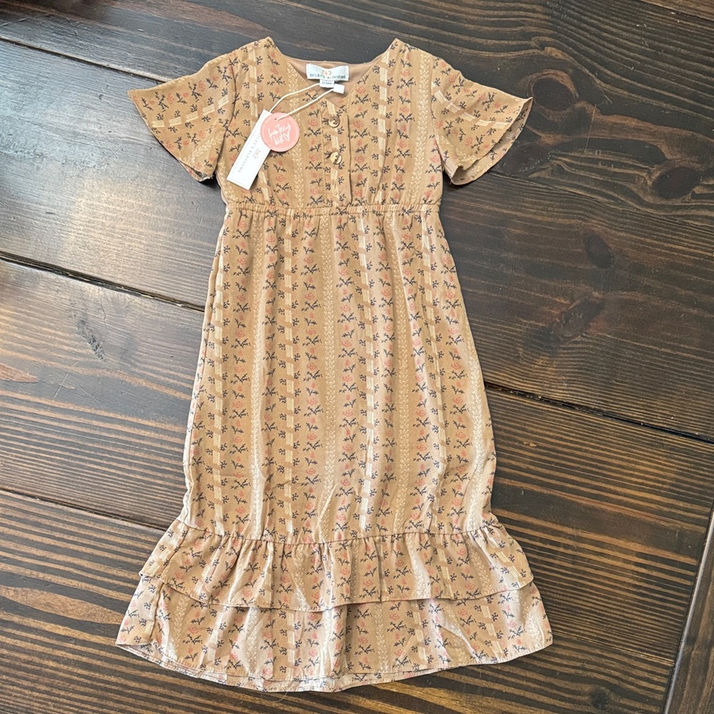 Baileys Blossom Charming Tan Kids Dress with Floral Design